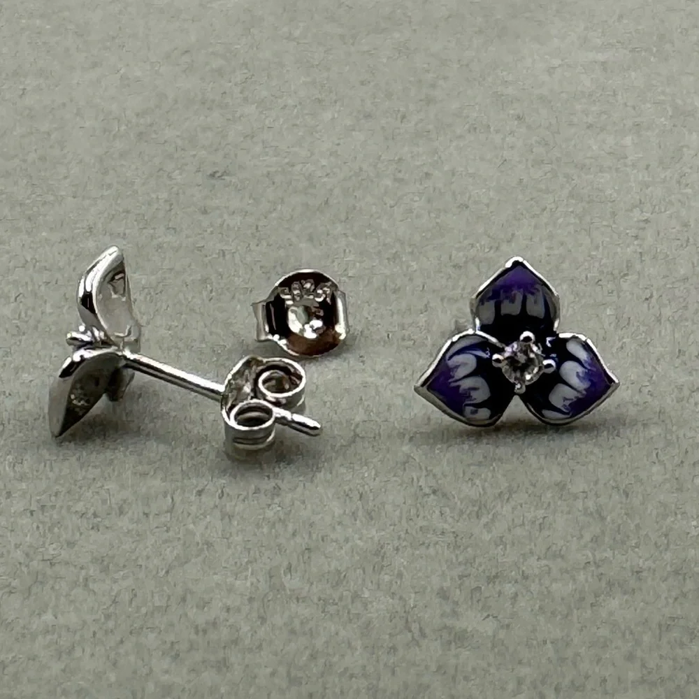 2/$30 Genuine 925 Sterling Silver & CZ Enameled Pansy Flower Earrings - Picture 5 of 6